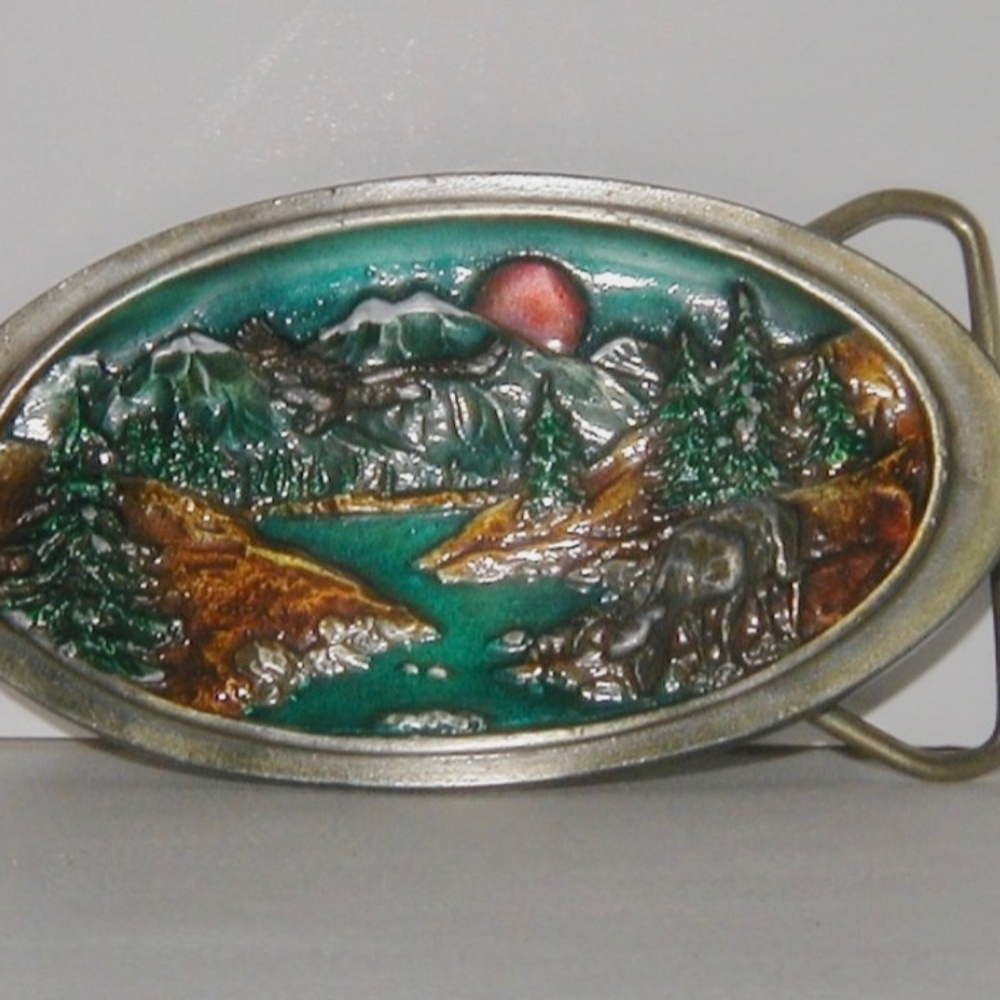 Men's Vintage Metal Belt Buckle Frame Style Alaska Themed Made in USA C&J 1987